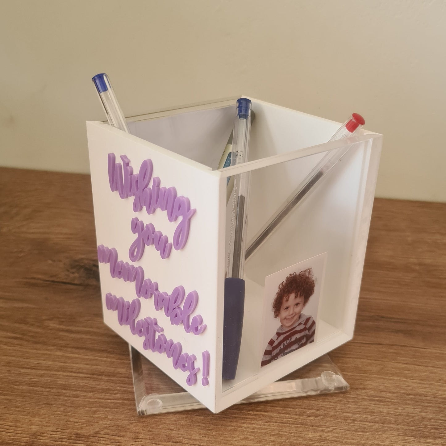 Personalized Rotating Plexiglass Pen Holder with Photo and Whiteboard