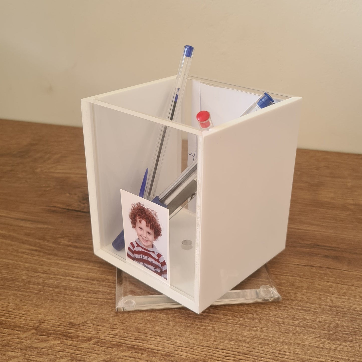 Personalized Rotating Plexiglass Pen Holder with Photo and Whiteboard