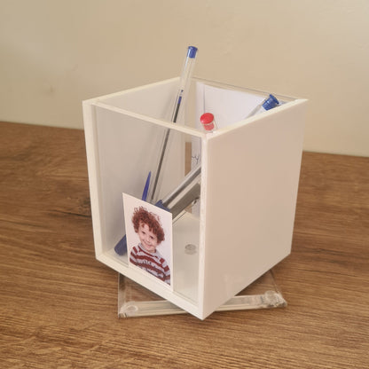 Personalized Rotating Plexiglass Pen Holder with Photo and Whiteboard