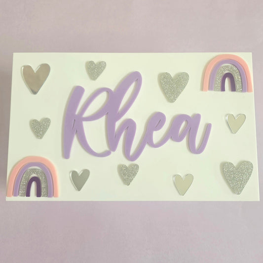 Celestial-Themed Personalized Plexiglass Jewelry and Accessory Box with hearts