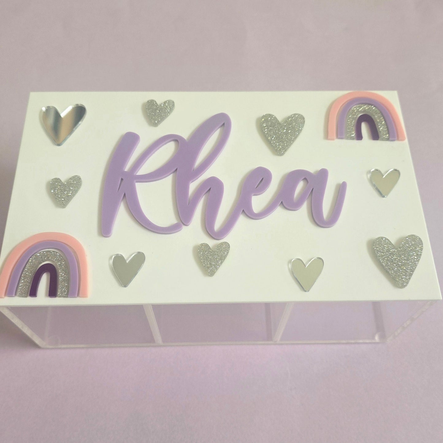 Celestial-Themed Personalized Plexiglass Jewelry and Accessory Box with hearts